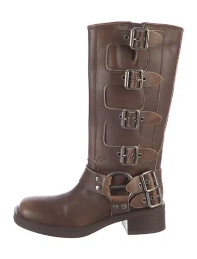 Pre-owned Miu Miu Leather Moto Boots In Brown
