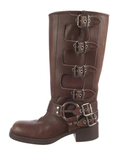 Pre-owned Miu Miu Leather Moto Boots In Brown