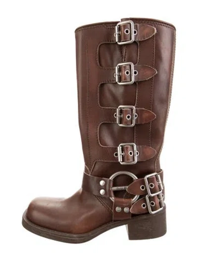 Pre-owned Miu Miu Leather Moto Boots In Brown