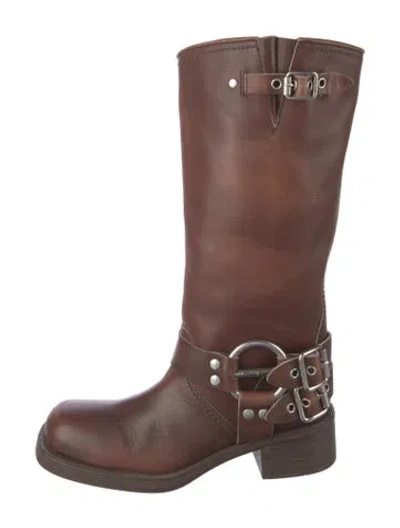 Pre-owned Miu Miu Leather Moto Boots In Brown