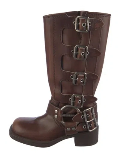 Pre-owned Miu Miu Leather Moto Boots In Brown