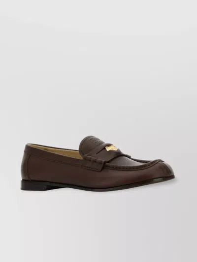 Miu Miu Leather Penny Strap Round Toe Loafers In Brown