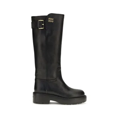 Miu Miu Leather Platform Boot In Black