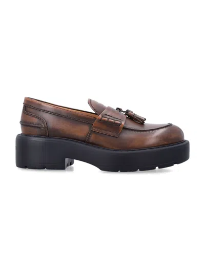 Miu Miu Leather Platform Loafers With Tassel Detail In Marrone