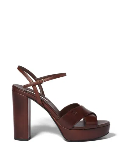 Miu Miu Leather Platform Sandals In Brown