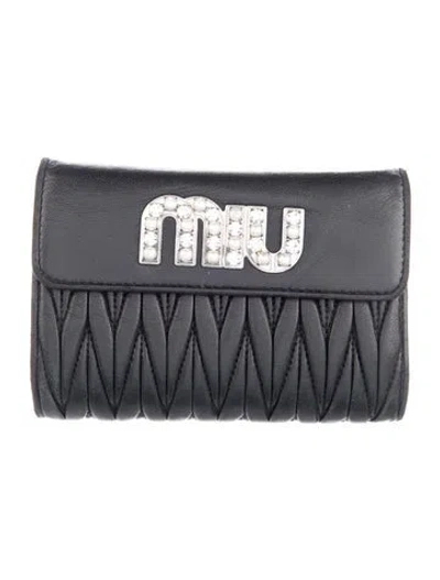 Pre-owned Miu Miu Leather Printed Compact Wallet In Black