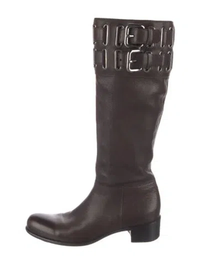 Pre-owned Miu Miu Leather Riding Boots In Brown