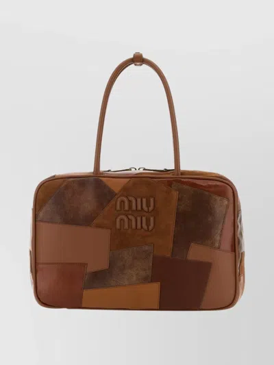 Miu Miu Leather Shopping Bag Featuring Double Handles In Brown