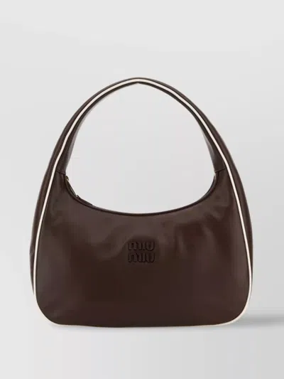 Miu Miu Leather Shoulder Bag With Contrast Piping And Curved Handle In Brown