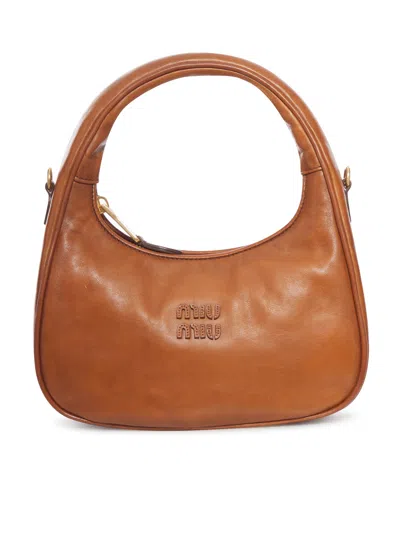 Miu Miu Leather Shoulder Bag With Logo In Brown
