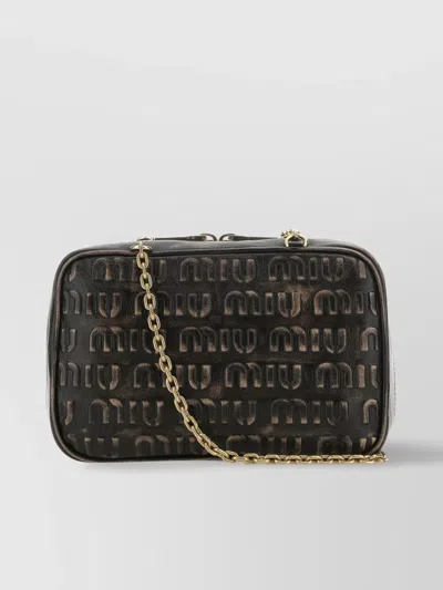 Miu Miu Leather Shoulder Bag With Metal Chain Handles In Brown