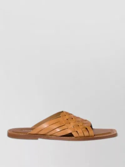 Miu Miu Leather Slides Open Toe Flat Sole Woven In Brown