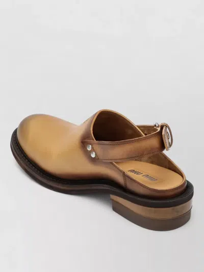 Miu Miu Leather Slingback Mules Round Toe Stacked Heel In Brown
