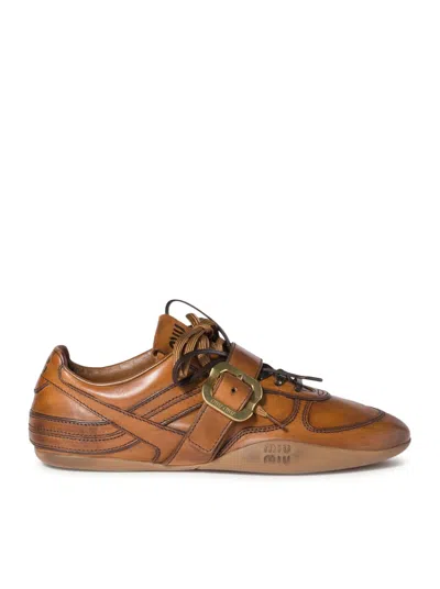 Miu Miu Buckle Strap Leather Sneakers In Brown