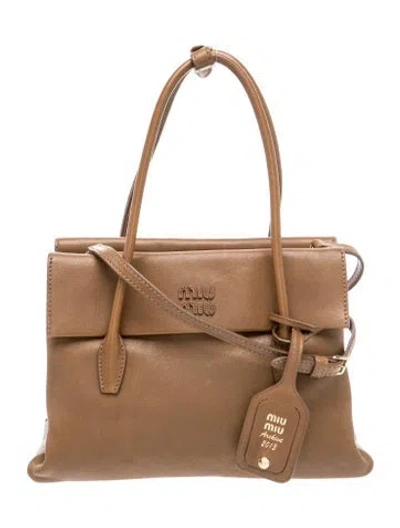 Pre-owned Miu Miu Leather Solitaire Leather Tote Bag In Brown