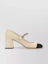 MIU MIU LEATHER SQUARE TOE PUMPS WITH CHUNKY HEEL AND PEARL DETAIL