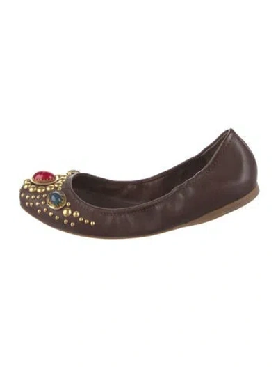 Pre-owned Miu Miu Leather Studded Accents Ballet Flats In Brown