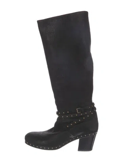 Pre-owned Miu Miu Leather Studded Accents Boots In Black/blue
