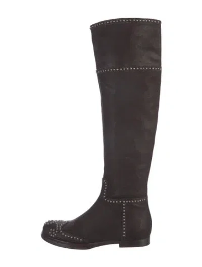 Pre-owned Miu Miu Leather Studded Accents Boots In Brown