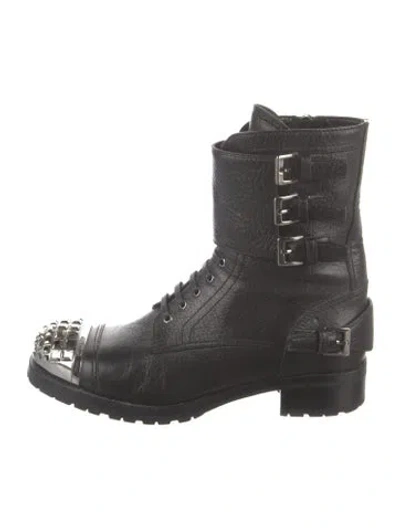 Pre-owned Miu Miu Leather Studded Accents Combat Boots In Black