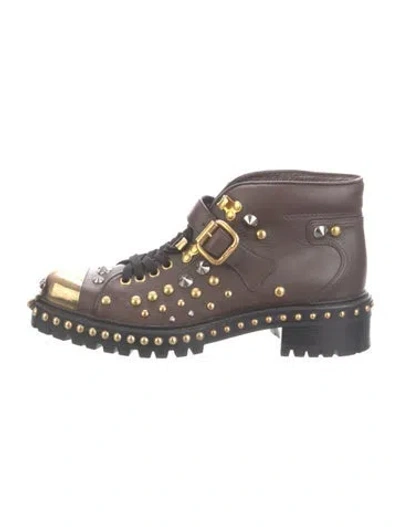 Pre-owned Miu Miu Leather Studded Accents Combat Boots In Brown