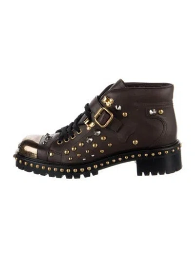 Pre-owned Miu Miu Leather Studded Accents Combat Boots In Brown