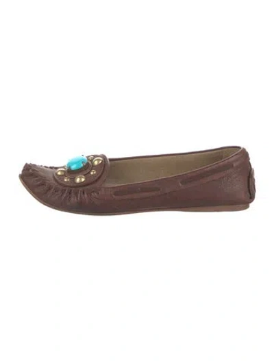 Pre-owned Miu Miu Leather Studded Accents Loafers In Brown