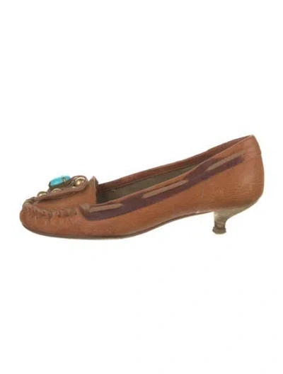 Pre-owned Miu Miu Leather Studded Accents Loafers In Brown