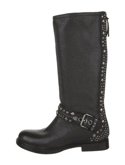 Pre-owned Miu Miu Leather Studded Accents Moto Boots In Black