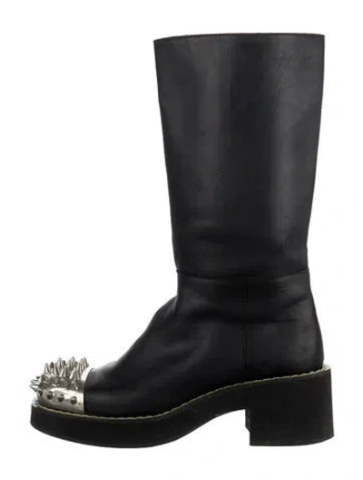 Pre-owned Miu Miu Leather Studded Accents Moto Boots In Black