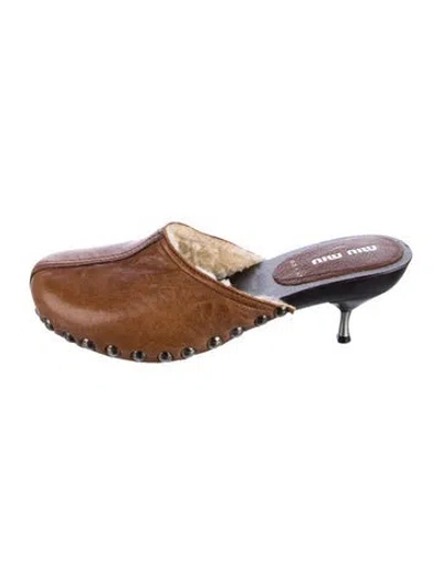 Pre-owned Miu Miu Leather Studded Accents Mules In Brown