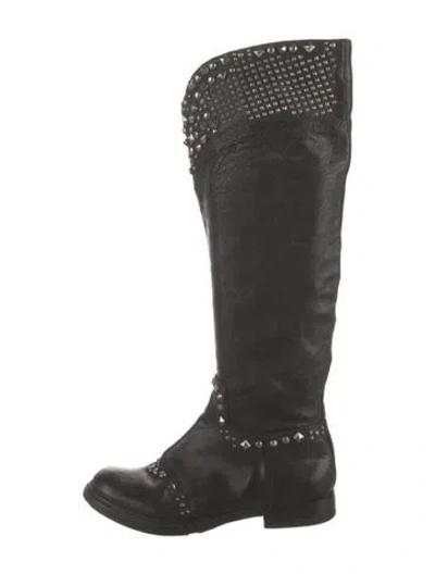 Pre-owned Miu Miu Leather Studded Accents Riding Boots In Black