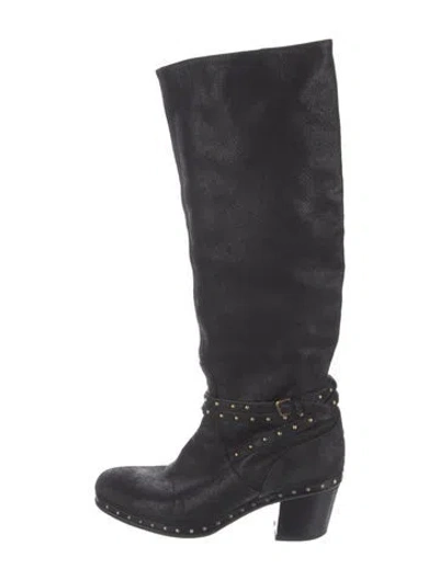 Pre-owned Miu Miu Leather Studded Accents Riding Boots In Black