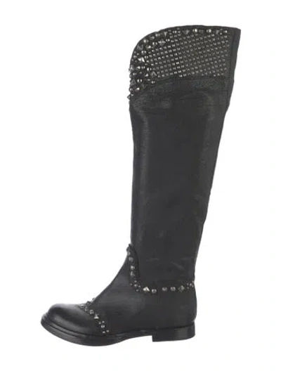 Pre-owned Miu Miu Leather Studded Accents Riding Boots In Black