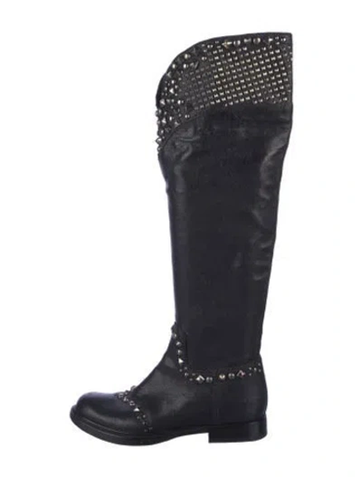 Pre-owned Miu Miu Leather Studded Accents Riding Boots In Blue