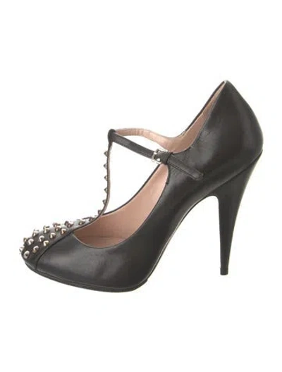 Pre-owned Miu Miu Leather Studded Accents T-strap Pumps In Black