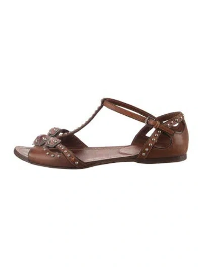 Pre-owned Miu Miu Leather Studded Accents T-strap Sandals In Brown