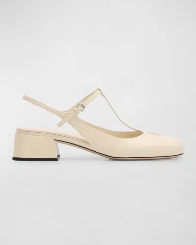 Miu Miu Leather T-strap Slingback Pumps In Avorio