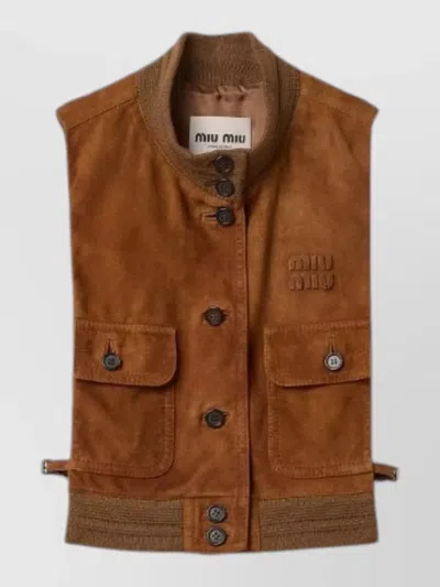 Miu Miu Leather Top Sleeveless Front Pockets Ribbed Hem In Brown