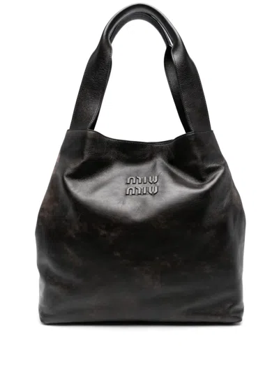 Miu Miu Leather Tote Bag In Black