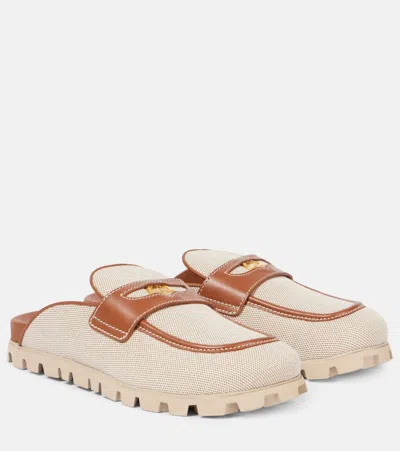 MIU MIU LEATHER-TRIMMED CANVAS MULES
