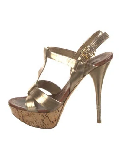 Pre-owned Miu Miu Leather T-strap Sandals In Gold/metallic