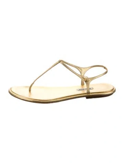 Pre-owned Miu Miu Leather T-strap Sandals In Gold/metallic