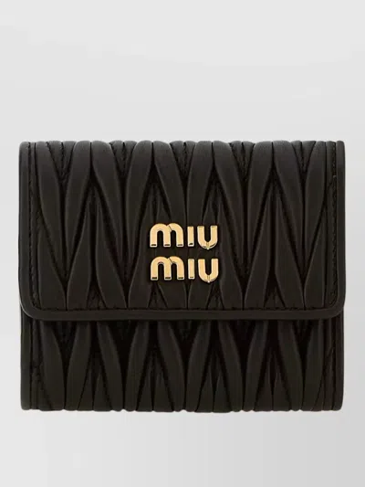 Miu Miu Leather Wallet Quilted Design Fold Over Flap In Black