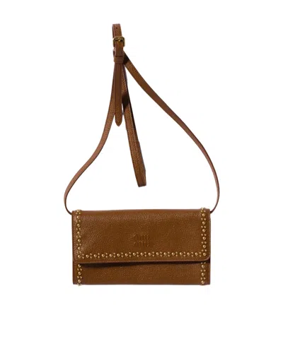 Miu Miu Leather Wallet With Shoulder Strap In Brown