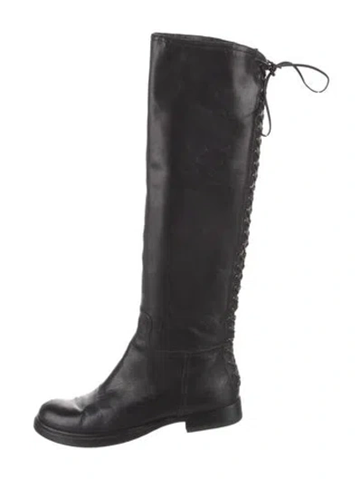 Pre-owned Miu Miu Leather Whipstitch Trim Boots In Black