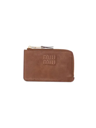 Miu Miu Leather Zip Card Holder In Brown