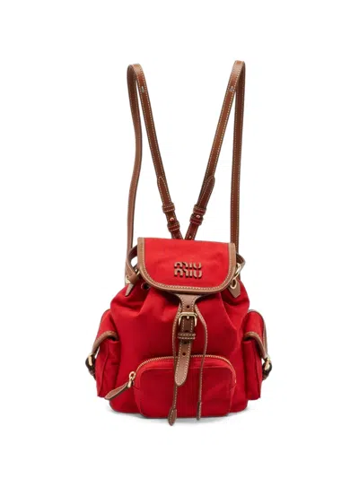 Pre-owned Miu Miu Leather-trim Drawstring Backpack In Red