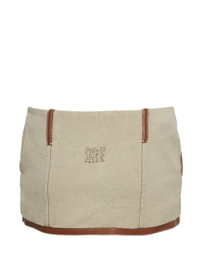 Pre-owned Miu Miu Leather-trim Mini Skirt In Neutrals