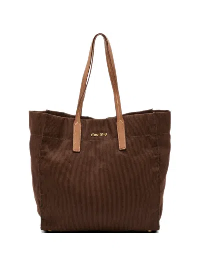 Pre-owned Miu Miu Leather-trim Shopper Tote Bag In Brown